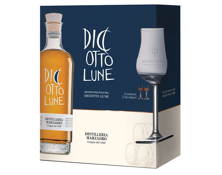 Cofanetto Grappa Diciotto Lune Stravecchia Con 2 Bicchieri