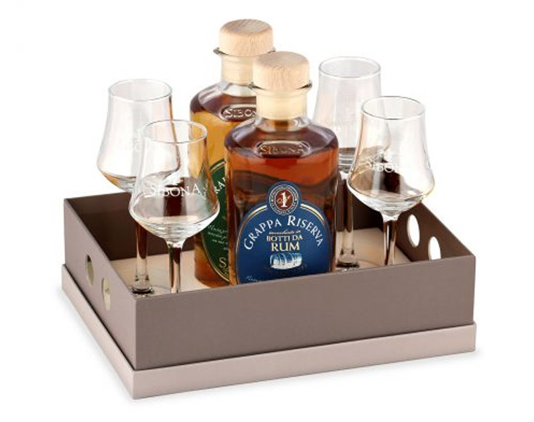 Image of Vassoio Grappa Riserva Botti Da Rum e Grappa Riserva Botti Da Madeira Con 4 Bicchieri