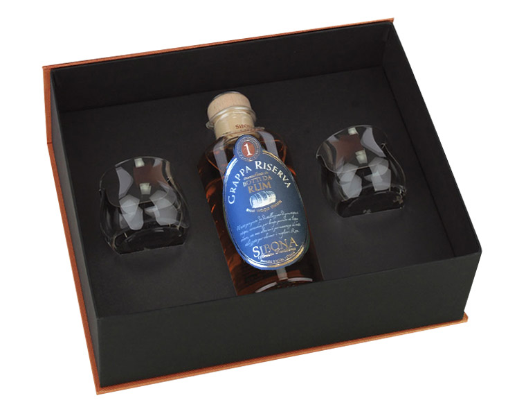 Eleganza Sibona Grappa Riserva Botti Da Rum Con 2 Bicchieri