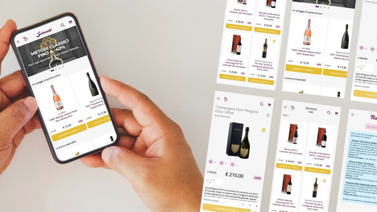 Schermata dell�App Svinando che mostra le selezioni di vini disponibili